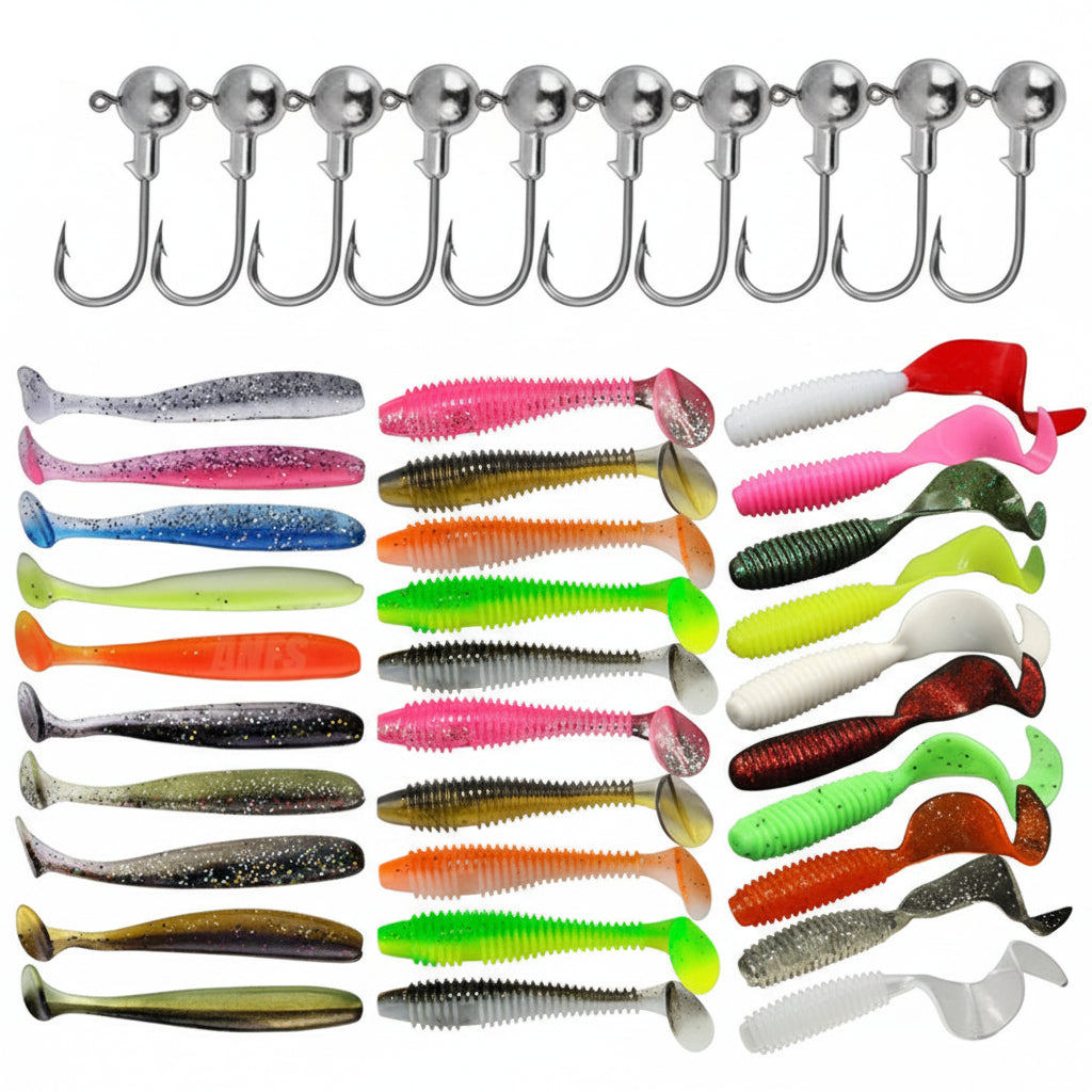 Kit de leurres souples pour la pêche, vers en silicone avec hameçons à tête plombée, leurres artificiels réalistes pour la pêche en eau douce et en eau salée