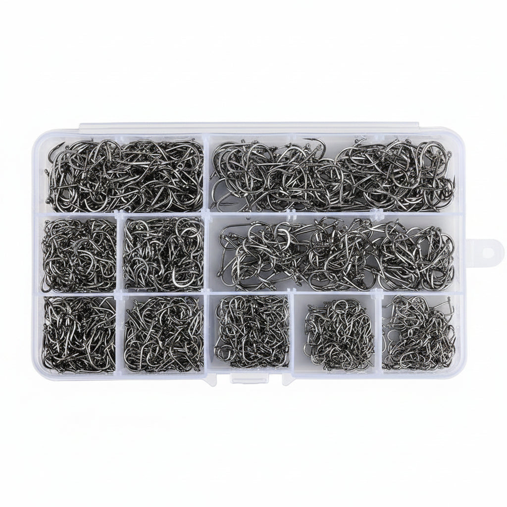 Kit d'hameçons professionnels en vrac – Hameçons barbelés de différentes tailles avec boîte de rangement
