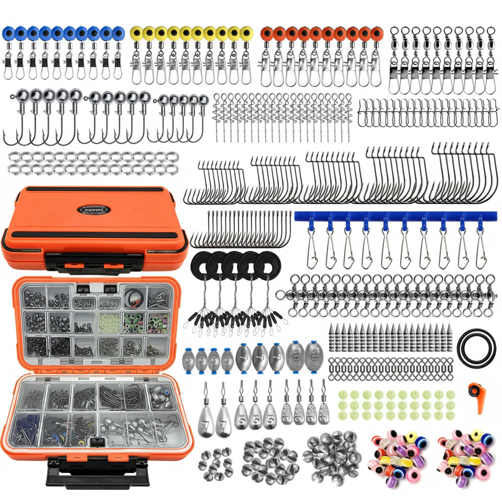 Kit de pêche professionnel tout-en-un – Organiseur de 410 pièces avec hameçons, plombs et émerillons